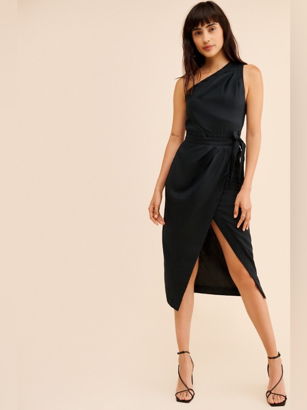 By Anthropologie One Shoulder Linen Midi Dress Wrap Style‎ Black Size 4